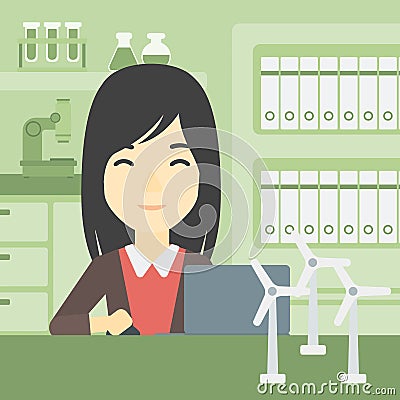Woman working with model wind turbines on table. Vector Illustration