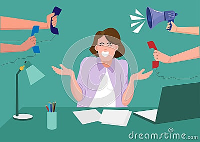 Woman working in an office at a desk with a human hand holding a customer phone line and a work order megaphone. Makes her very Vector Illustration