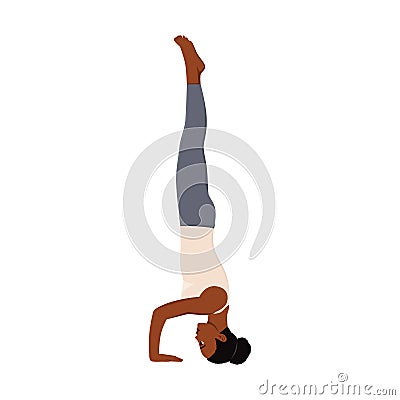 Woman working out against white wall, doing yoga or pilates exercise. Headstand, salamba sirsasana II Cartoon Illustration