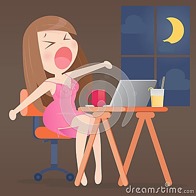 Woman working overtime in the home Cartoon Illustration