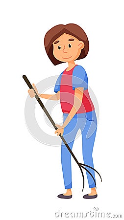 Woman working with rake isolated on white background Vector Illustration