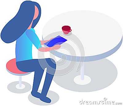 Woman working or studying with modern gadget. Lady with tablet sitting in cafe or coffee shop Vector Illustration