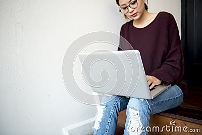 Woman Working Using Laptop Techie Concept Stock Photo