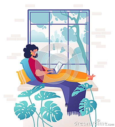 Woman works remotely, lying on comfortable windowsill Vector Illustration