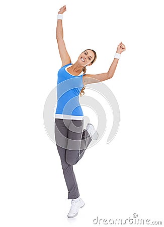 Woman, workout celebration and yes in studio for exercise, fitness achievement and body goals or dance. Sports model Stock Photo