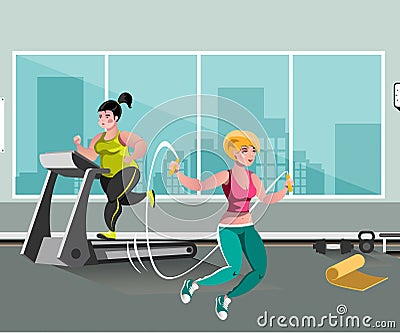 Woman workout with jumping rope. Vector Illustration