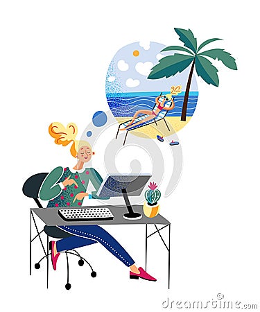Woman at workplace thinking about beach relaxation, imagines future rest Vector Illustration