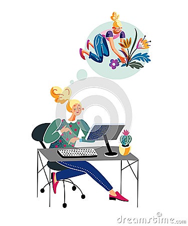 Woman at workplace thinking about gardening flowers Vector Illustration