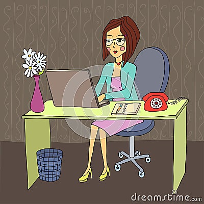 Woman works behind the computer Vector Illustration