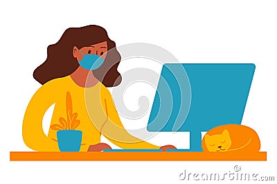 Woman works on computer at home. Stay home. Work from home during quarantine social distancing period of pandemic corona virus or Stock Photo