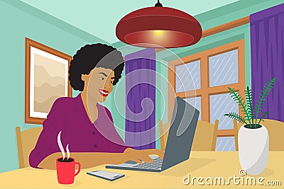 A woman works from home on a laptop. Work from home. Vector and illustration. Vector Illustration
