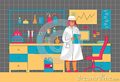 A woman works in a laboratory. Scientific experiment. Scientific work. Vector Illustration