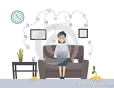Woman works with laptop. Freelance, single startup vector concept. Female successful investing Vector Illustration
