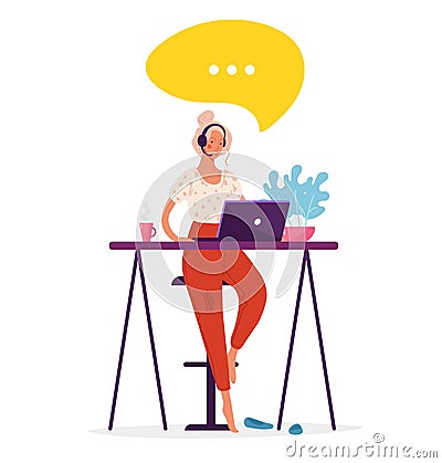 The woman works remotely from her home office. Podcast host girl with headphones and microphone. Freelancer concept free life Vector Illustration