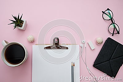 Woman workspace Freelance Concept with todo list, notebook, pencils, flat lay top view Stock Photo