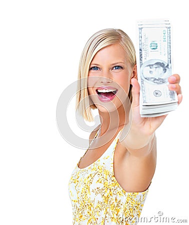 Woman, wow in portrait with smile and cash in hand, finance and dollars with happy rich female isolated on white Stock Photo