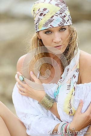 Woman with a wrap scarf gyspy style Stock Photo