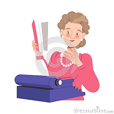 Woman Writer with Notepad at Typewriter Engaged in Writing Process Creating Plot Vector Illustration Vector Illustration