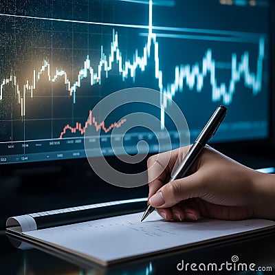 A woman writes information about the stock market in a notepad. Holograms and diagrams. Generative AI Stock Photo