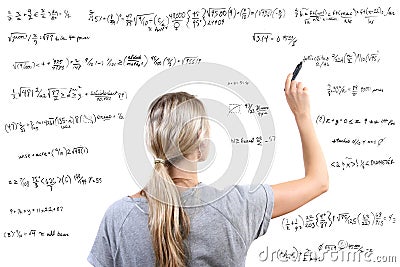 woman writing mathematical equations Stock Photo