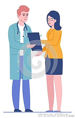 Woman writing signature in medical document. Patitient agrees to treatment Vector Illustration