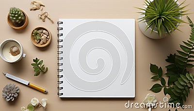 Woman Writing in Spiral Notebook in Modern Beige Room with Plants Stock Photo