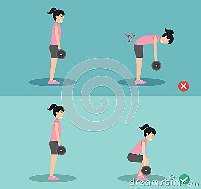 Woman wrong and right deadlift posture,illustration Vector Illustration