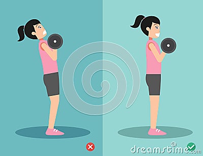 Woman wrong and right dumbbell curl posture,vector illustration Vector Illustration