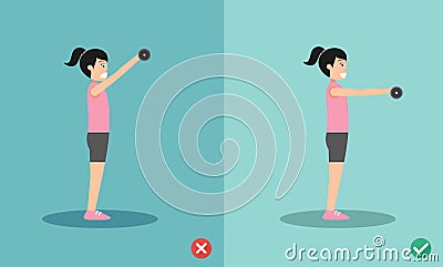 Woman wrong and right dumbbell front raise posture Vector Illustration