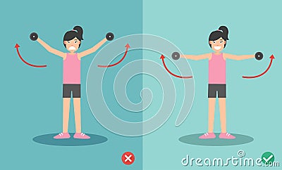 Woman wrong and right dumbbell lateral raise posture Vector Illustration