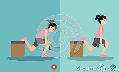 Woman wrong and right dumbbell one-leg split squat Vector Illustration