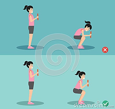 Woman wrong and squat posture Vector Illustration