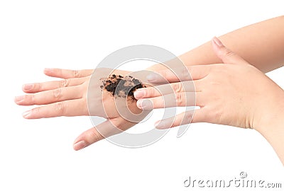 Woman& x27;s hand with scrub coffee grounds on skin hand and arm, bea Stock Photo