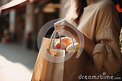 woman's hands carefully hold a craft paper bag with groceries Stock Photo