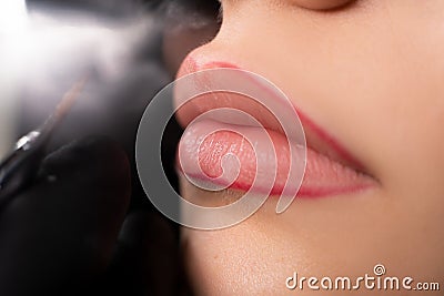 Woman's lips make-up, close-up, lip contour drawn with a pencil, makeup in a beauty salon, profile view, sexy female Stock Photo