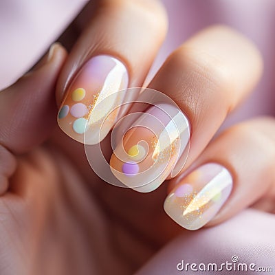 A woman& x27;s hand with a pink and yellow manicured nail, AI Stock Photo