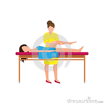 Woman in yellow clothes make treatment massage at leg Vector Illustration