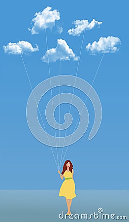 A woman in a yellow dress walks with white clouds on strings Stock Photo