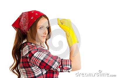 Woman with yellow rubber gloves gestures we can do it isolated Stock Photo