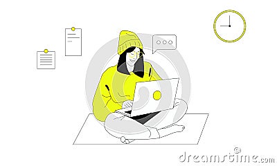 Woman in yellow sits at laptop online working, learning, training Stock Photo