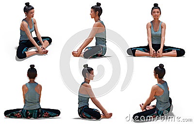 Woman in Yoga Bound Angle Pose with 6 angles of view Stock Photo