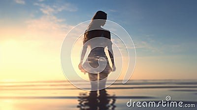 Woman in Yoga Full Body Backlit Pose in the breath taking Ocean. Generative AI weber. Stock Photo