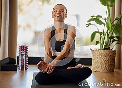 Woman, yoga and portrait smile on mat for zen workout, exercise or calm meditation and stretching at home. Happy and Stock Photo