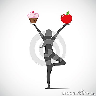 Woman in yoga position chooses between a healthy food and harmful food Vector Illustration