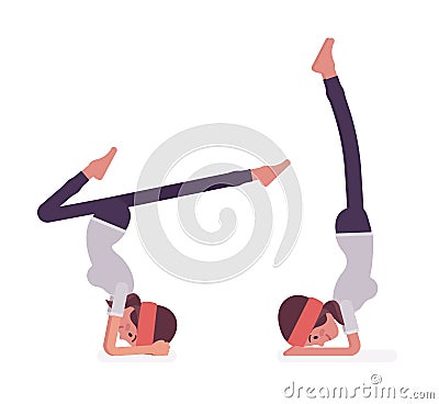 Young yogi woman practicing yoga, doing headstand and handstand pose Vector Illustration