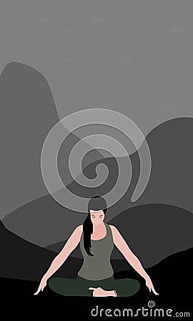 European woman yogi or explorer doing pranayama breath exercise sitting in lotus pose on a rock Vector Illustration