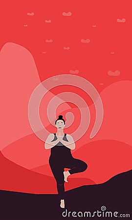 Woman yogi or explorer is standing in Tree Asana pose stretches the entire body in yoga pose on a stone Vector Illustration