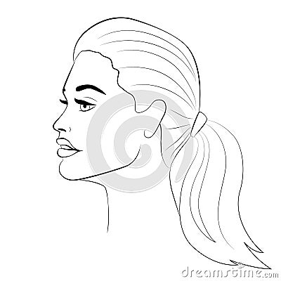 Woman young face, black outline on white background Vector Illustration