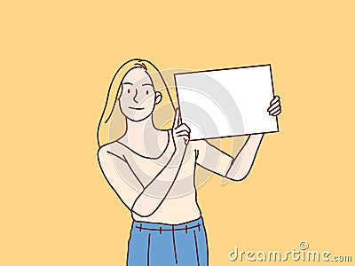 Woman young holding lift up white blank banner paper simple korean style illustration Vector Illustration