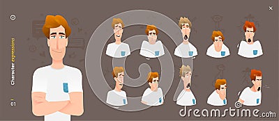 Character Expressions. Face Man Emotions Vector Illustration